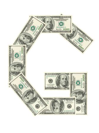 Letter G made of dollars isolated on white backgroundの写真素材