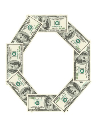 Letter O made of dollars isolated on white backgroundの写真素材