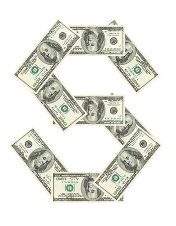 Letter S made of dollars isolated on white backgroundの写真素材