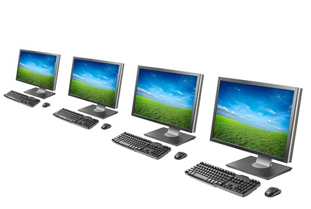 Computer workstation ( monitor, keyboard, mouse) isolated on white backgroundの写真素材