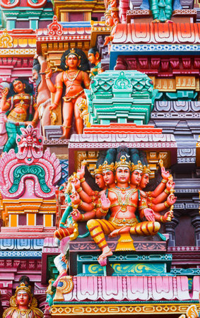 Brahma image. Sculptures on Hindu temple gopura (tower). Menakshi Temple, Madurai, Tamil Nadu, India の写真素材