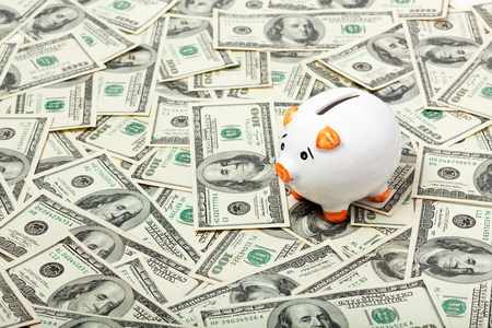 Piggy bank on dollars backgroundの写真素材