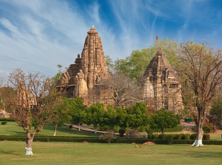 Lakshmana and Matangeshwar temples on sunset. Khajuraho, Indiaの写真素材