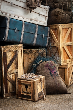 Vintage luggage crates, boxes, suitcasesの写真素材