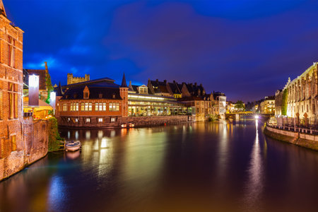 Travel Europe Belgium background - Ghent canal in twilight the evening. Ghent, Belgiumの写真素材