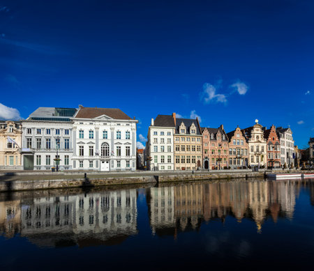 Travel Belgium medieval european city town background with canal  Koperlei street, Ghent, Belgium