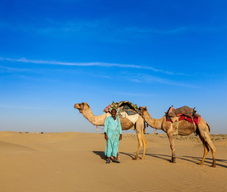 Rajasthan travel background - Indian cameleer (camel driver) with camels in dunes of Thar desert. Jaisalmer, Rajasthan, Indiaの写真素材
