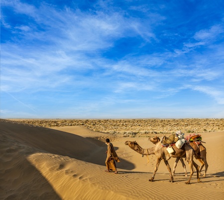 Rajasthan travel background - India cameleer (camel driver) with camels in dunes of Thar desert. Jaisalmer, Rajasthan, Indiaの写真素材