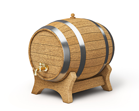 Wooden oak brandy wine beer barrel iwith valve tap solated on white backgroundの写真素材