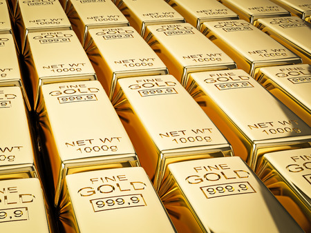 Banking finance concept background - stacks of gold bars close upの写真素材