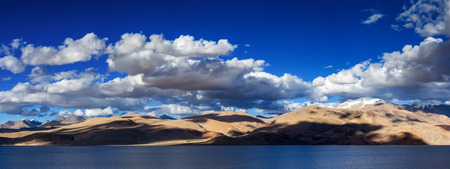 Panorama of Himalayan lake Tso Moriri in Himalayas on sunset, Korzok, Ladakh, Indiaの写真素材