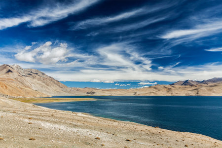 Tso Moriri lake in Himalayas, Ladakh, Indiaの写真素材