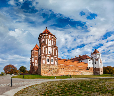 Travel belarus background - Medieval Mir castle famous landmark in town Mir, Belarusのeditorial素材