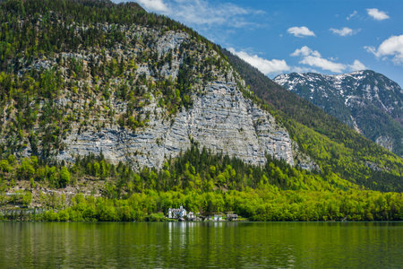 Castle at HallstÃ¤tter See mountain lake in Austria. Salzkammergut region, Austria