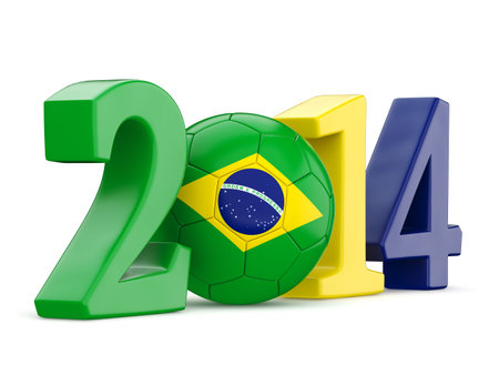 2014 text with soccer ball and Brazil flag isolated on white backgroundの写真素材
