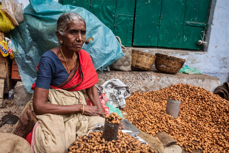 TIRUCHIRAPALLI, INDIA - FEBRUARY 14, 2013: Unidentified Indian woman - hawker (street vendor) of fried peanutsのeditorial素材