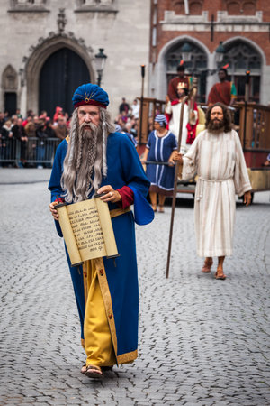 BRUGES, BELGIUM - MAY 17: Annual Procession of the Holy Blood on Ascension Day. Locals perform an historical reenactment and dramatizations of Biblical events. May 17, 2012 in Bruges (Brugge), Belgiumのeditorial素材