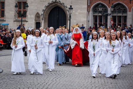 BRUGES, BELGIUM - MAY 17: Annual Procession of the Holy Blood on Ascension Day. Locals perform an historical reenactment and dramatizations of Biblical events. May 17, 2012 in Bruges (Brugge), Belgiumのeditorial素材