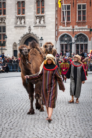 BRUGES, BELGIUM - MAY 17: Annual Procession of the Holy Blood on Ascension Day. Locals perform an historical reenactment and dramatizations of Biblical events. May 17, 2012 in Bruges (Brugge), Belgiumのeditorial素材