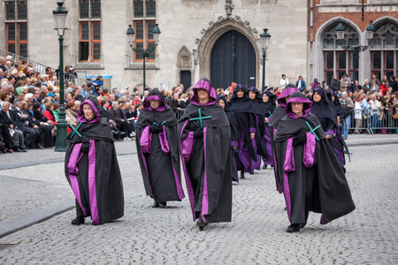 BRUGES, BELGIUM - MAY 17: Annual Procession of the Holy Blood on Ascension Day. Locals perform an historical reenactment and dramatizations of Biblical events. May 17, 2012 in Bruges (Brugge), Belgiumのeditorial素材
