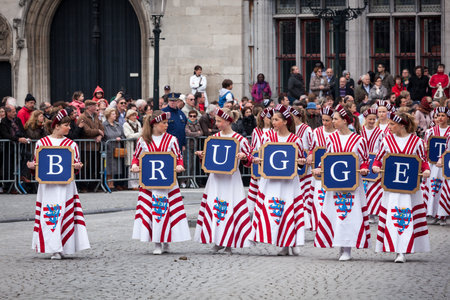 BRUGES, BELGIUM - MAY 17: Annual Procession of the Holy Blood on Ascension Day. Locals perform an historical reenactment and dramatizations of Biblical events. May 17, 2012 in Bruges (Brugge), Belgiumのeditorial素材