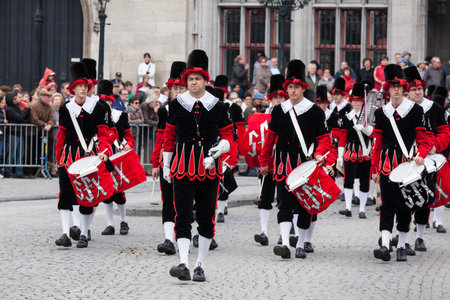BRUGES, BELGIUM - MAY 17: Annual Procession of the Holy Blood on Ascension Day. Locals perform an historical reenactment and dramatizations of Biblical events. May 17, 2012 in Bruges (Brugge), Belgiumのeditorial素材