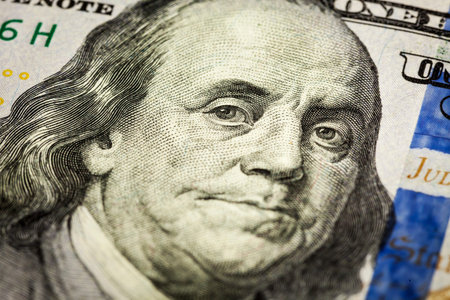 Benjamin Franklin portrait macro shot of 100 billの写真素材