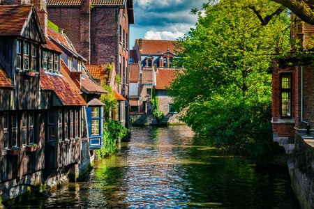 Europe travel background - canal and medieval houses. Bruges (Brugge), Belgiumの写真素材