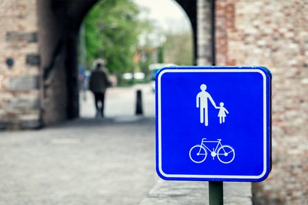 Pedestrian and bicycle zone sign in European townの写真素材