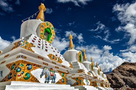 White chortens (Buddhist stupas) in Thiksey gompa. Ladakh, Jammu and Kashmir, Indiaの写真素材