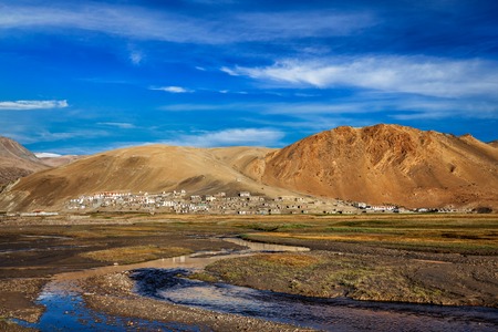 Korzok village at Himalayan lake Tso Moriri on sunrise, Korzok,  Changthang area, Ladakh, Jammu and Kashmir, Indiaの写真素材