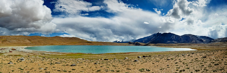 Panorama of Himalayan lake Kyagar Tso, Ladakh, Indiaの写真素材