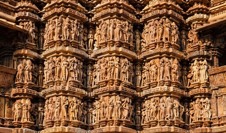 Famous stone carving sculptures, Kandariya Mahadev Temple, Khajuraho, India. Unesco World Heritage Siteの写真素材