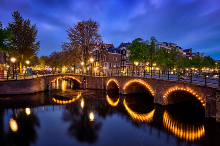 Amterdam canal, bridge and medieval houses in the evening