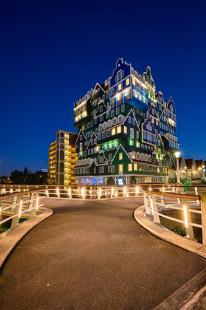 Inntel Hotel in Zaandam illuminated at night, Netherlandsのeditorial素材