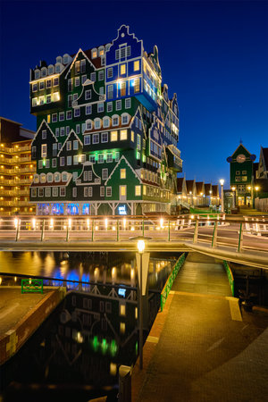 Inntel Hotel in Zaandam illuminated at night, Netherlandsのeditorial素材