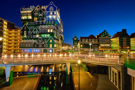 Inntel Hotel in Zaandam illuminated at night, Netherlandsのeditorial素材