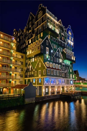 Inntel Hotel in Zaandam illuminated at night, Netherlandsのeditorial素材