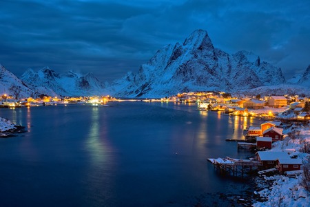 Reine village at night. Lofoten islands, Norwayの写真素材