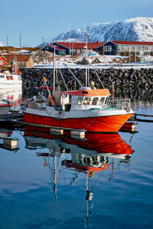 Fishing boats and yachts on pier in Norwayの写真素材