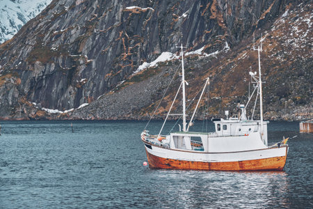 Ship in Hamnoy fishing village on Lofoten Islands, Norway