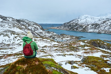 Woman tourist on Lofoten islands, Norwayの写真素材