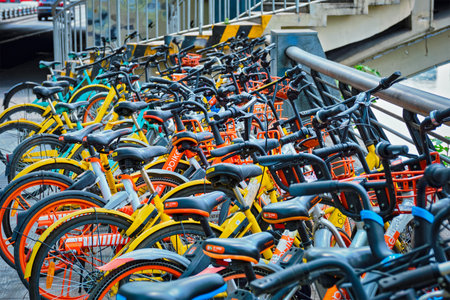Mobike bikes for share in Chengdu, Sichuan, Chinaのeditorial素材