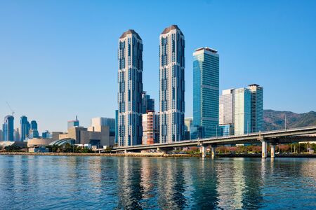 Busan skyscrapers and Gwangan Bridge, South Koreaの写真素材