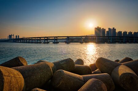 Gwangan bridge on sunset. Busan, South Koreaの写真素材
