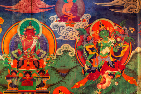 Wall paintings of Buddha in Tsemo gompa. Leh, Ladakh, Indiaのeditorial素材