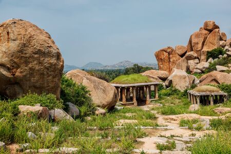 Ancient ruins in Hampi on sunset. Indiaの写真素材