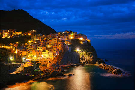 Manarola village n the night, Cinque Terre, Liguria, Italyの写真素材