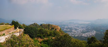 View of Udaipur and Lake Pichola from Monsoon Palace. Udaipur, Rajasthan, India