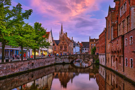 Evening dusk view of Bruges Brugge, Belgiumの写真素材